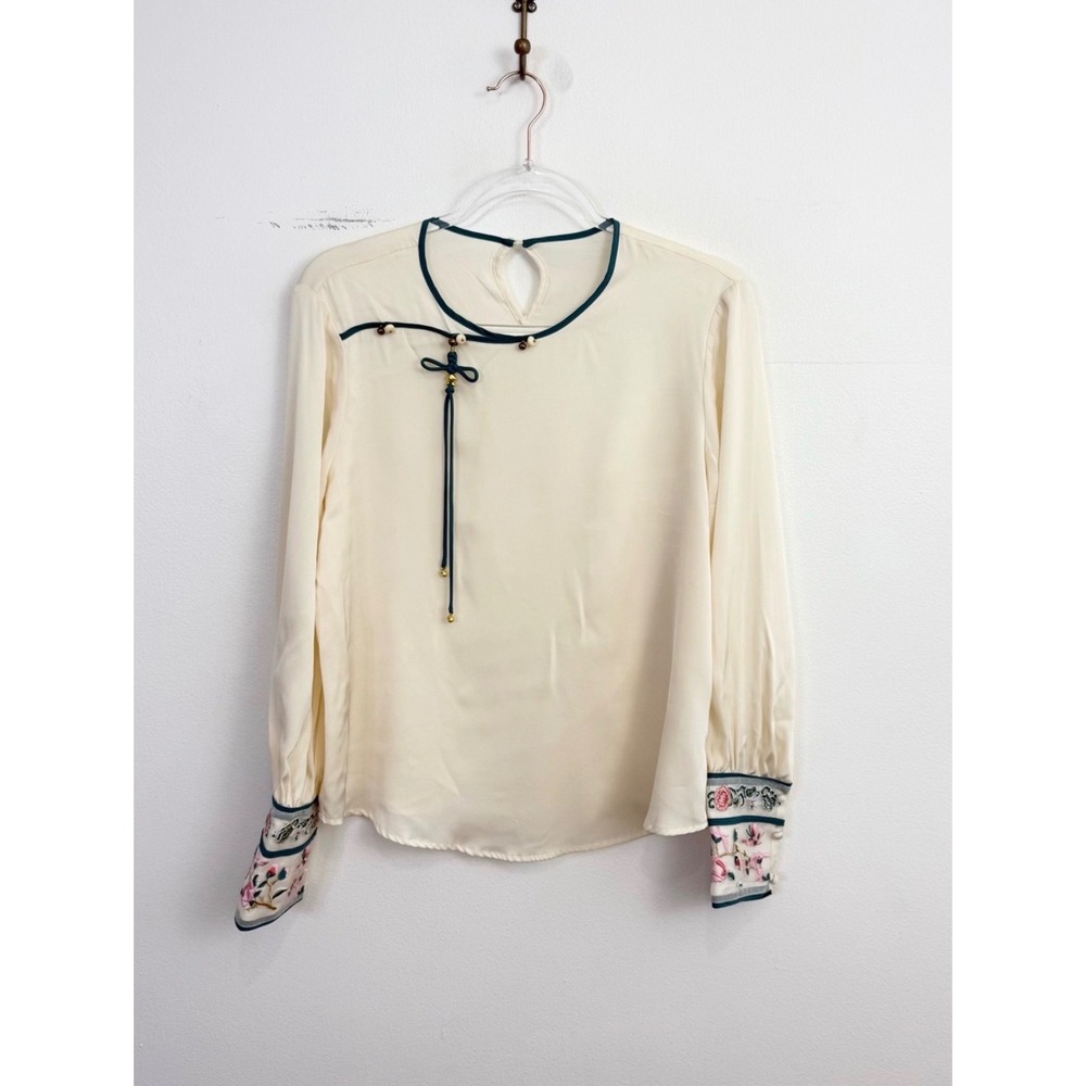 Silk Embroidered Cuff Blouse Ivory Teal Frog Tie Top Size M